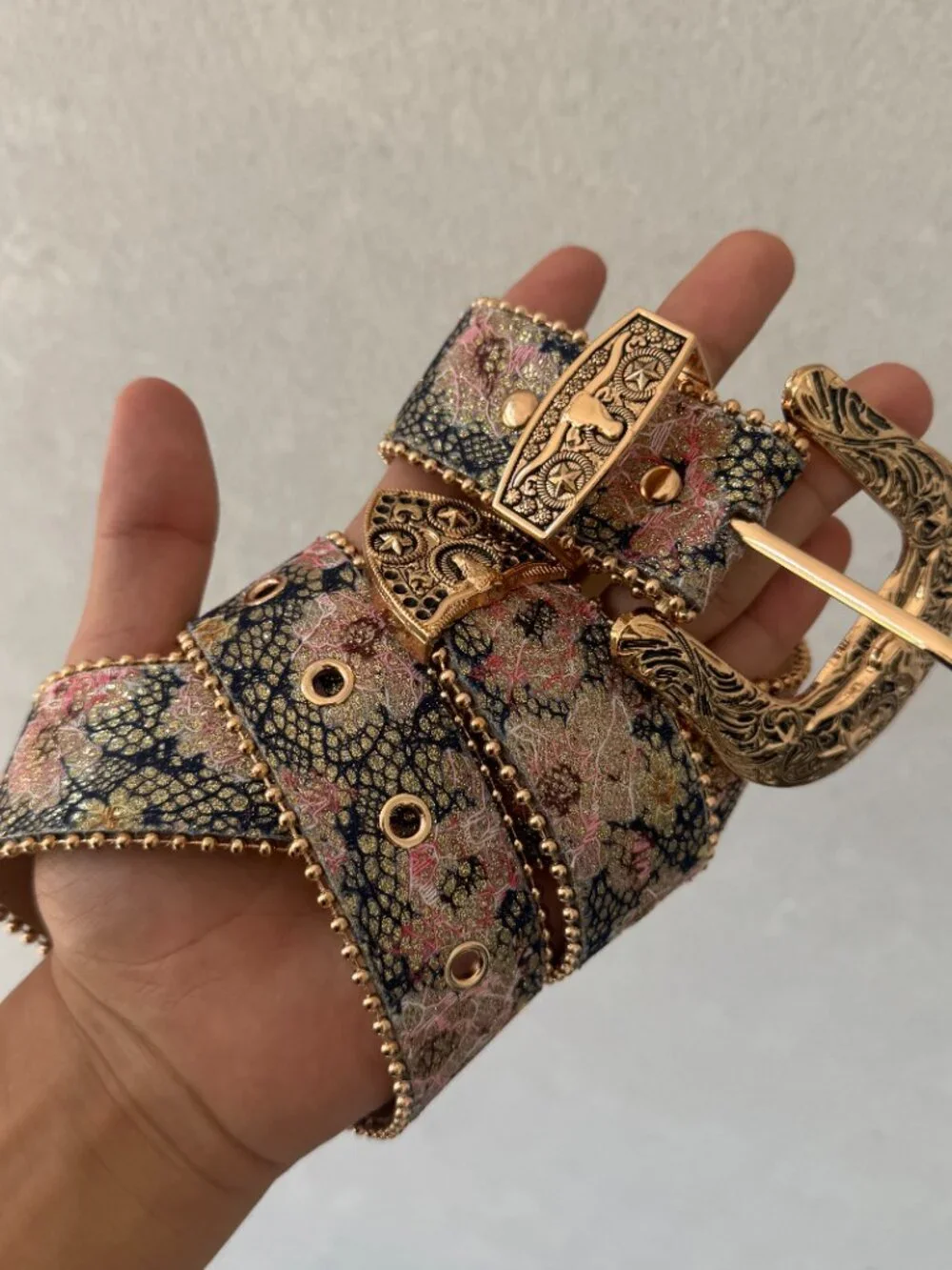 Pink Floral Jacquard Gold Western Buckle Belt